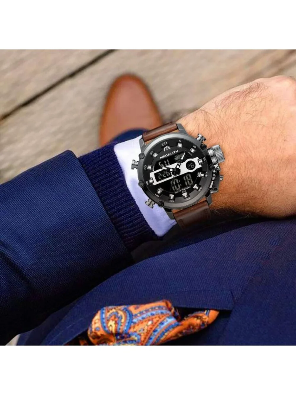 Mens Brown And Black Analog Leather Strap Waterproof Multifunction Digital Watch